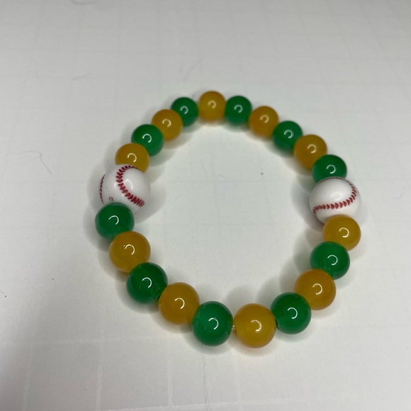 Handmade Elastic Green and Gold Baseball Bracelet - Picture 4 of 4